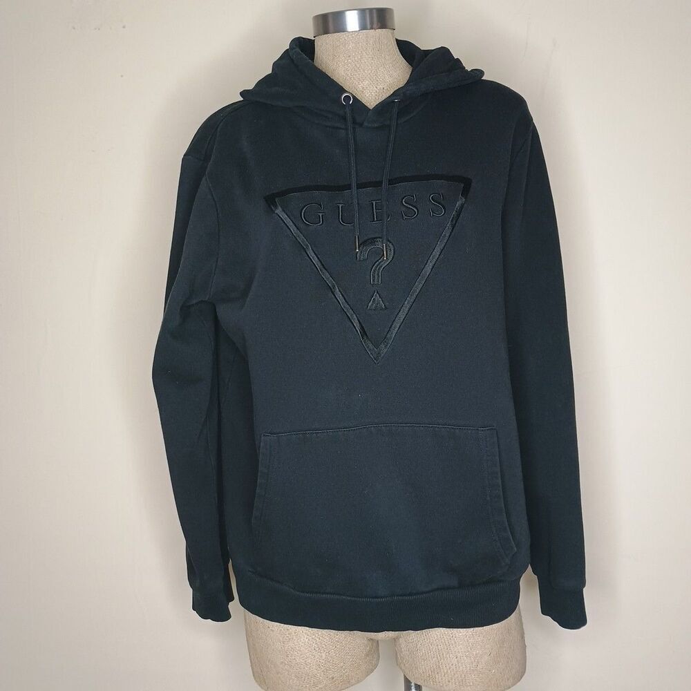 GUESS Pullover Hoodie Sweatshirt Womens Size L Black Embossed Logo
